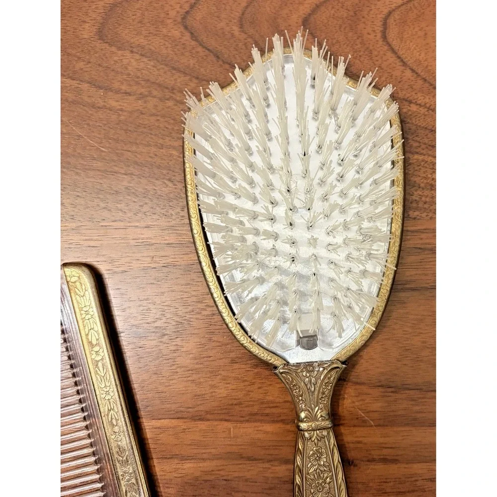 Vintage 1950s Hollywood Regency Gold Plated Mirror Brush Comb Vanity Set Bird